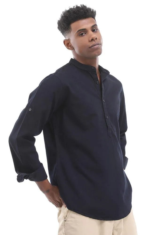 94698 Long Sleeve Mandarin Collar Buttoned Down Blue-Black Shirt