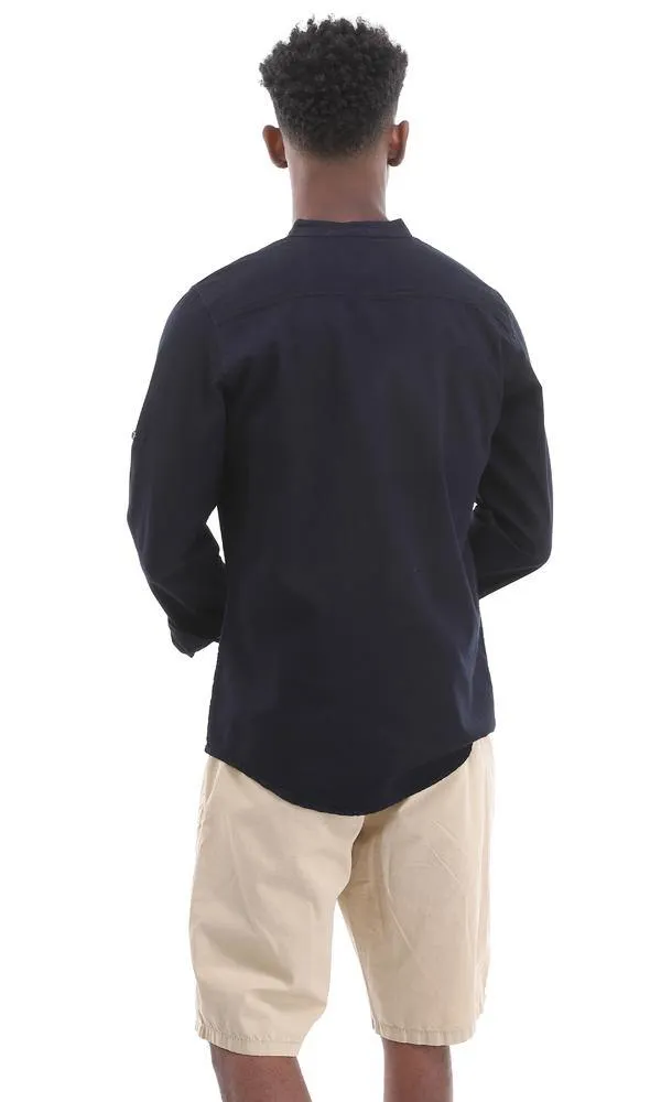 94698 Long Sleeve Mandarin Collar Buttoned Down Blue-Black Shirt