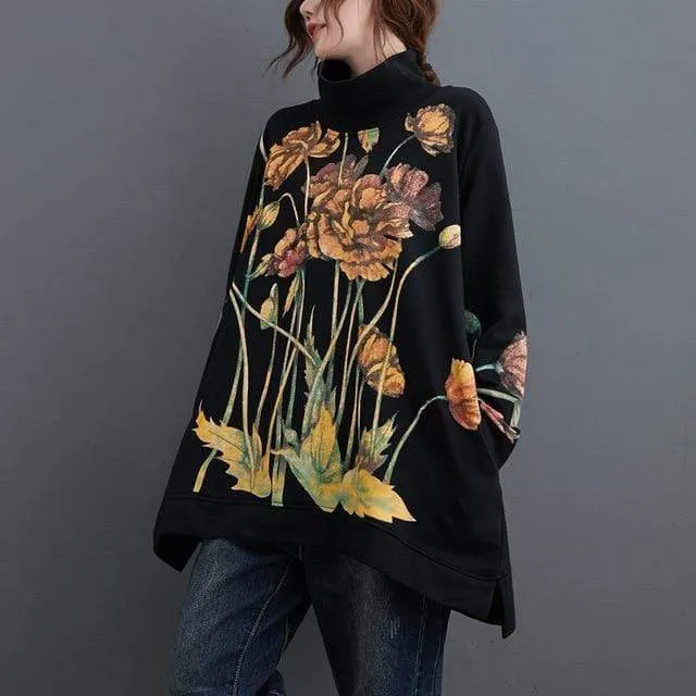 Abstract Flowers Turtleneck Sweater