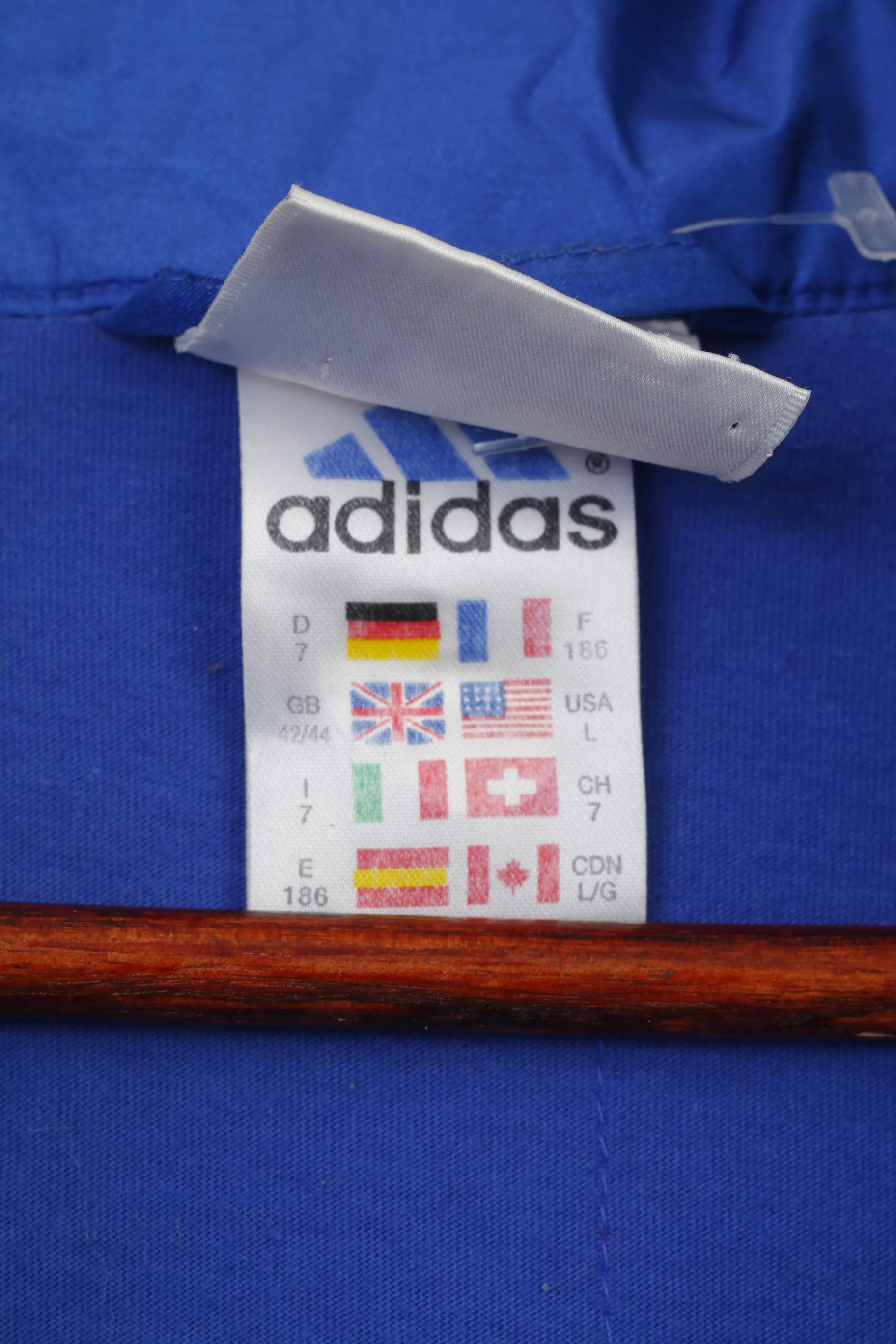 Adidas Men 186 L Jacket Blue Vintage Parka Full Zipper Hidden Hood Nylon 90s Top