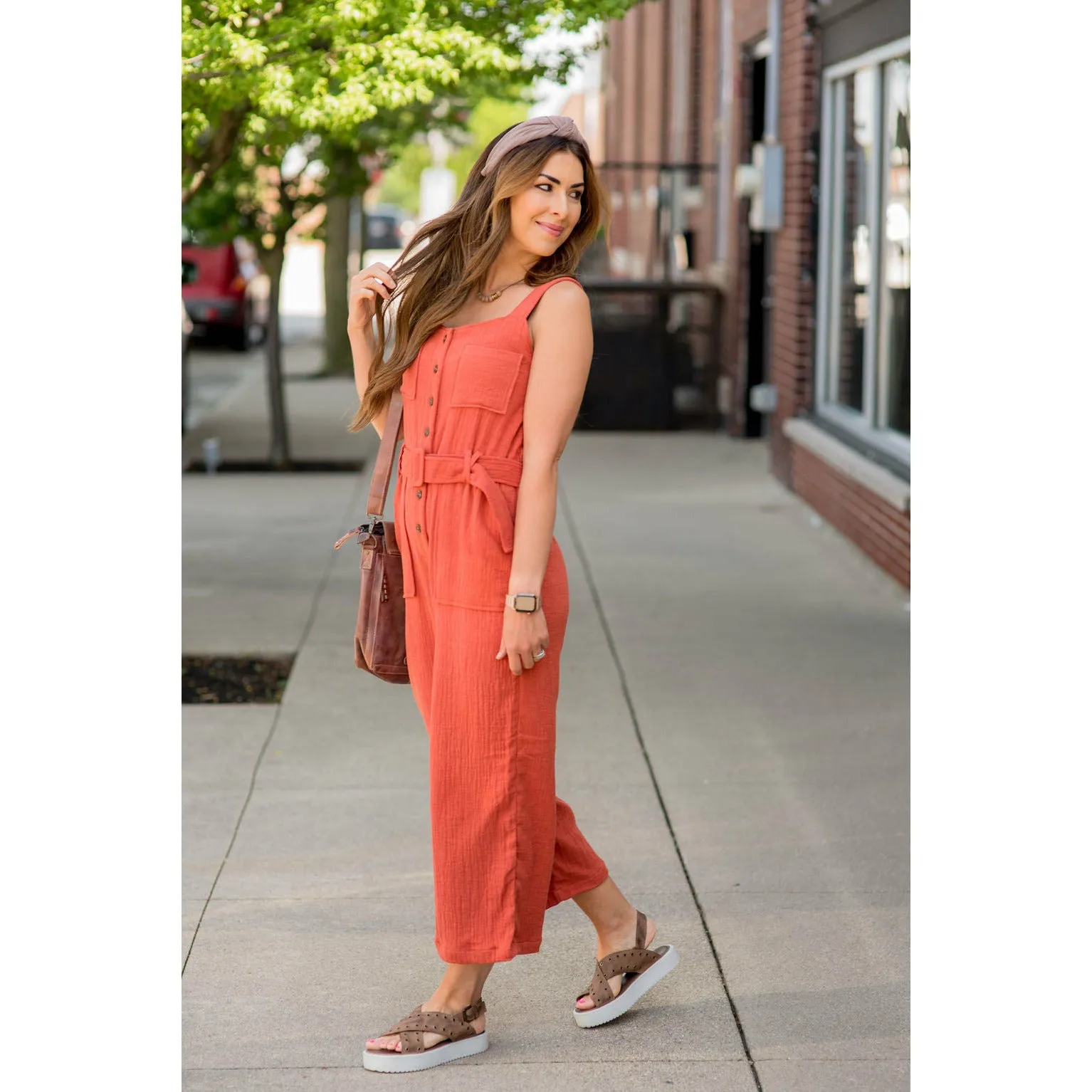 Belted Gauze Button Down Jumpsuit