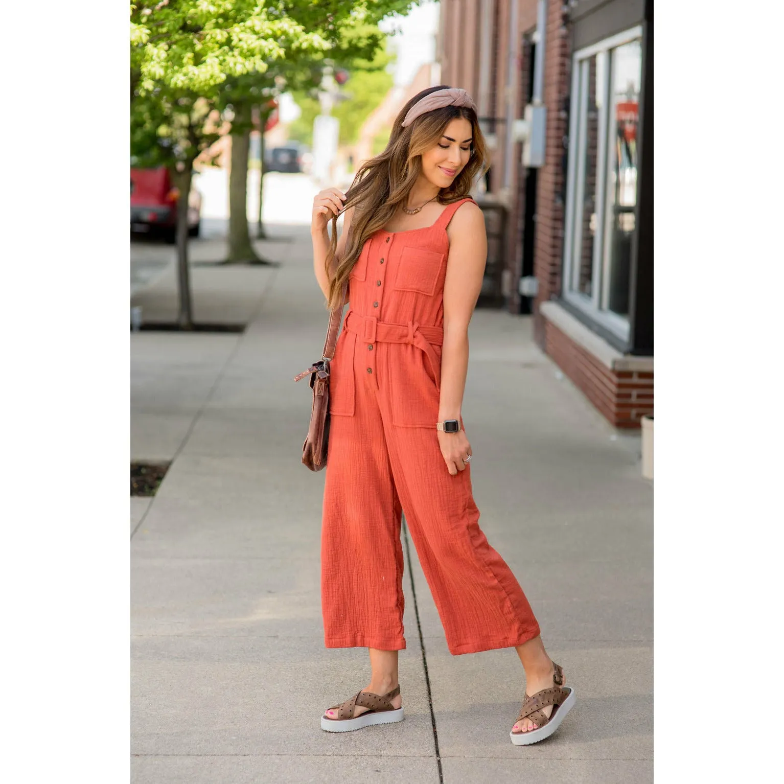 Belted Gauze Button Down Jumpsuit