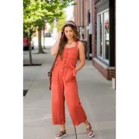 Belted Gauze Button Down Jumpsuit