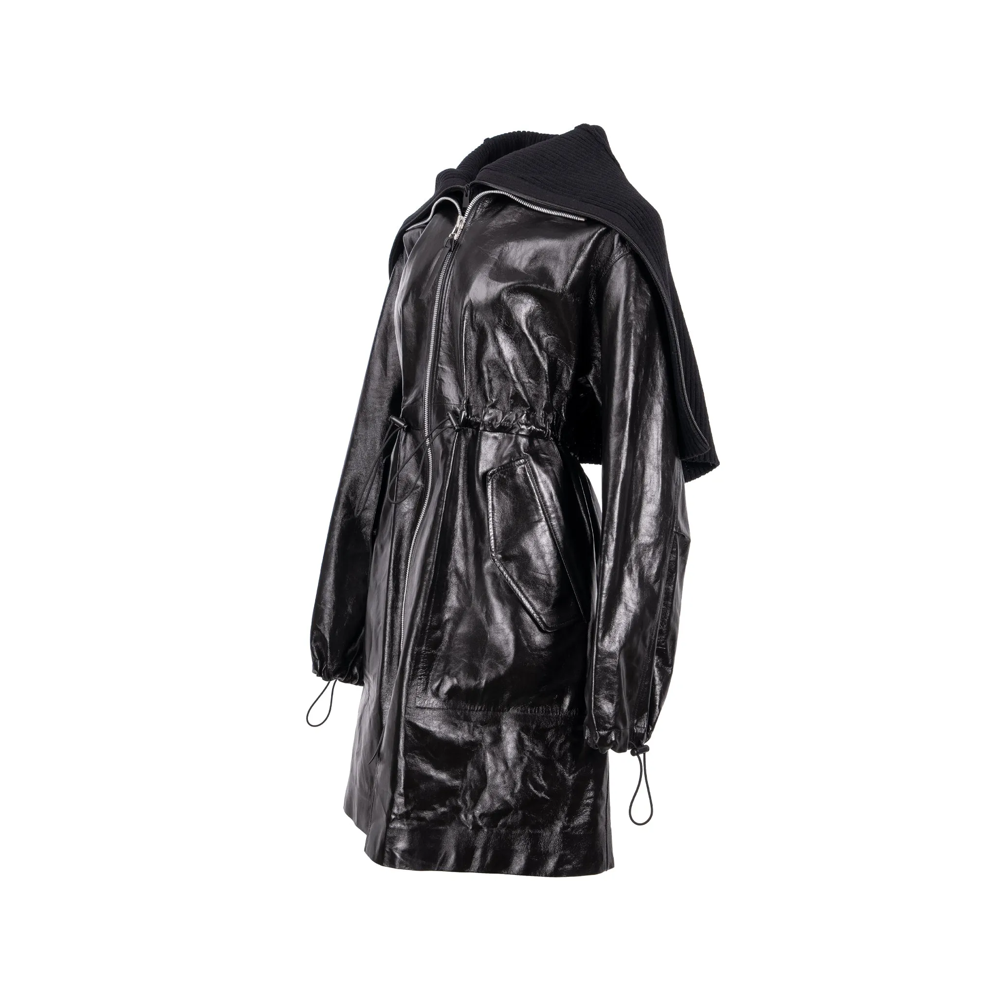 BOTTEGA VENETA Size XS Pre Fall 2020 Hooded Shell-trimmed Coat Shiny Lambskin Black