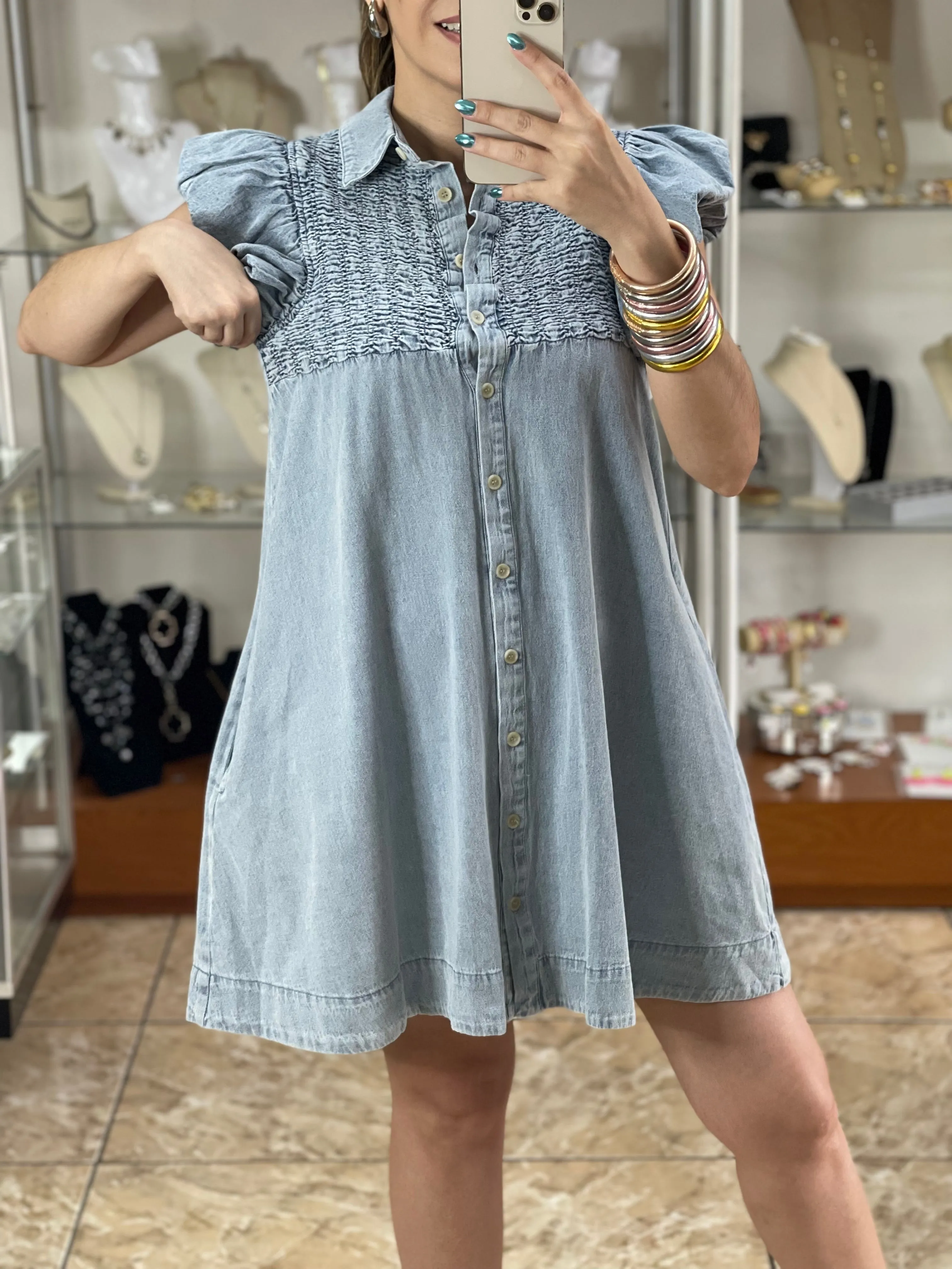 Button Down Ruffle Sleeve Denim Dress