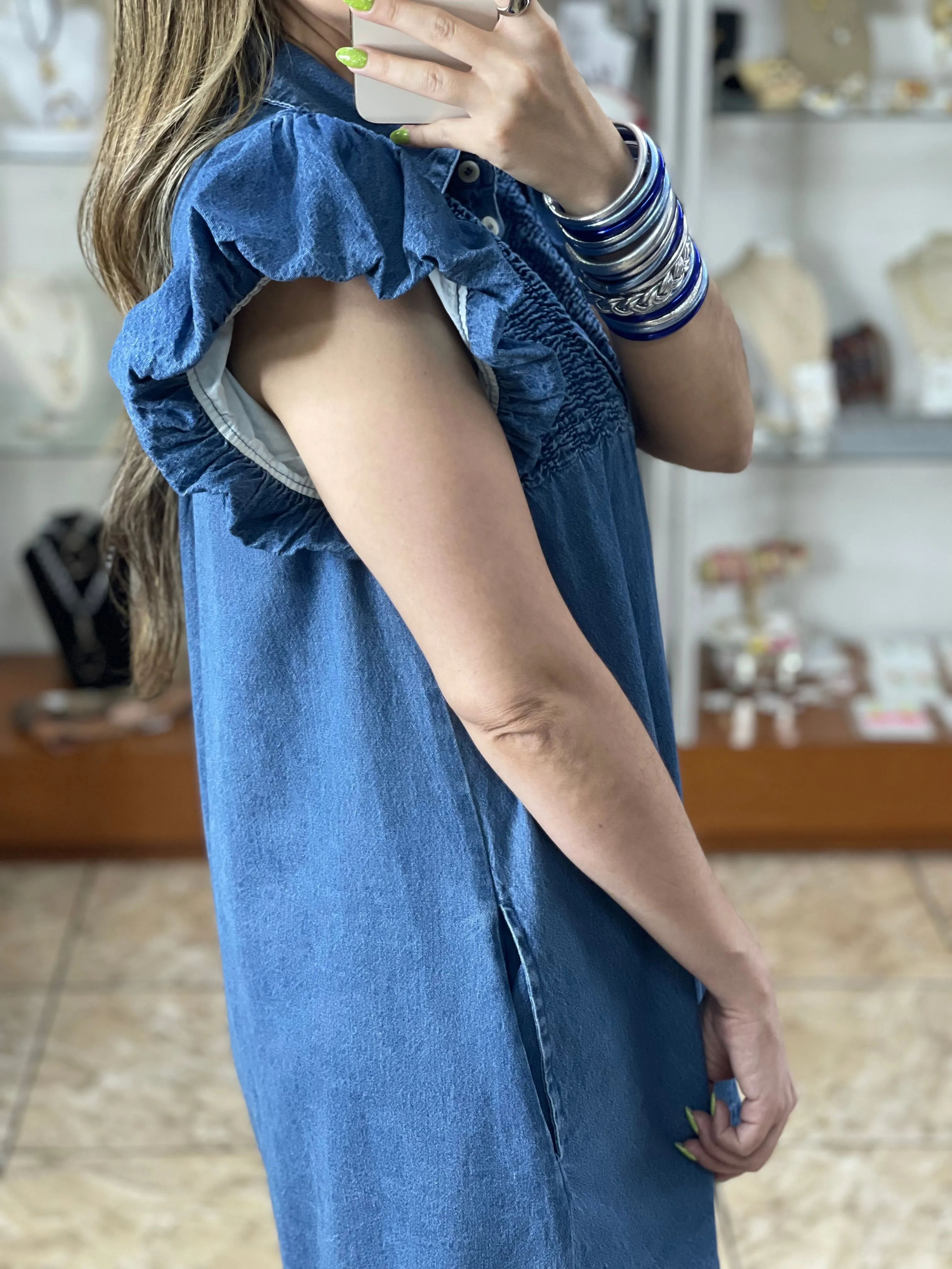 Button Down Ruffle Sleeve Denim Dress