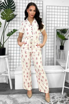 Cream Linen Blend Floral Print Buttoned Down Jumpsuit