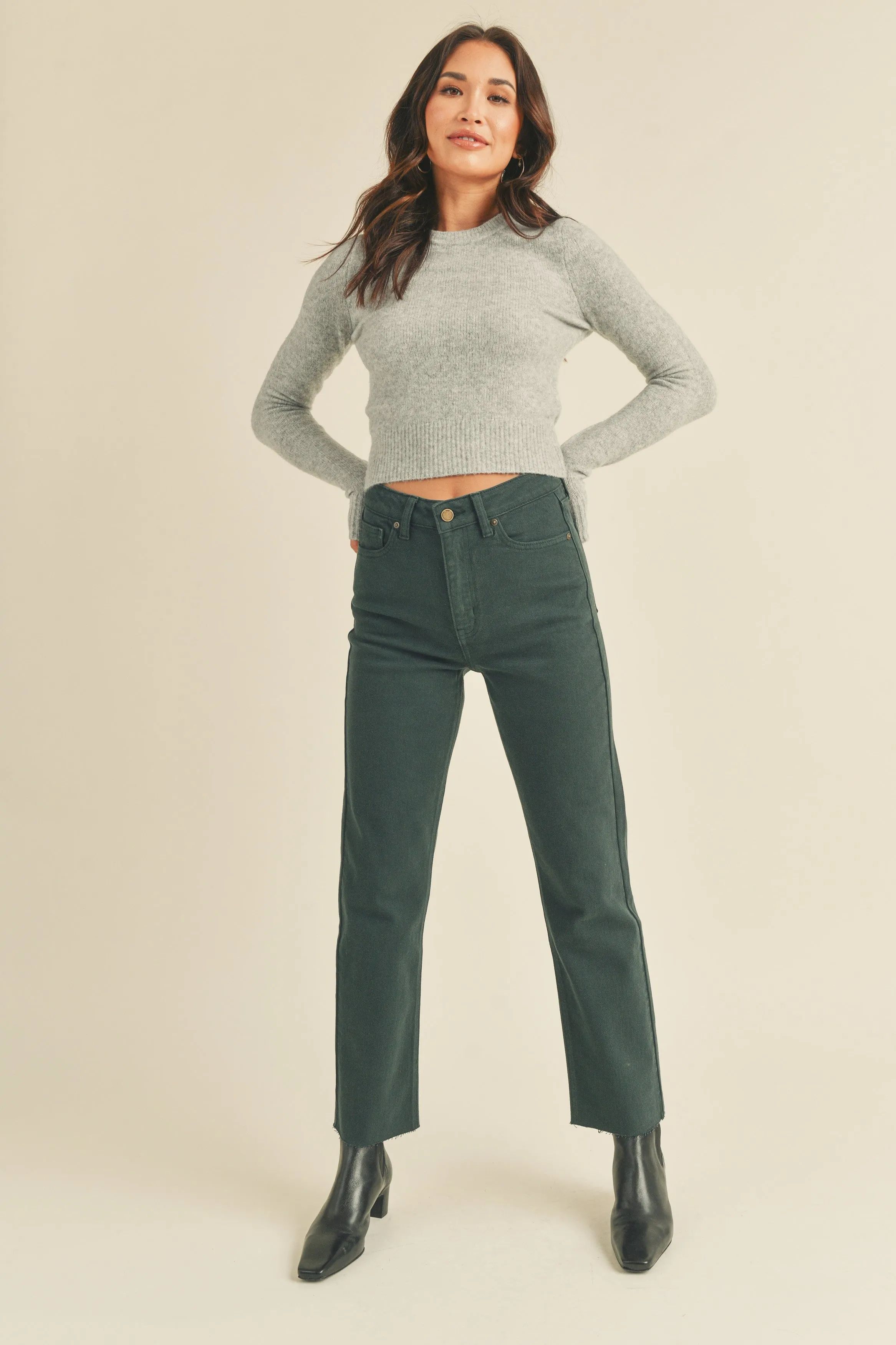 Cut Off Straight Leg Jeans in Dark Emerald