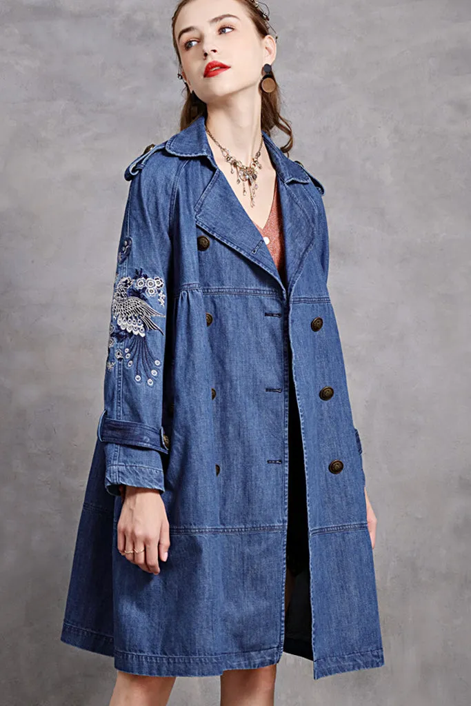 Double Breasted Emroidered Denim Coat