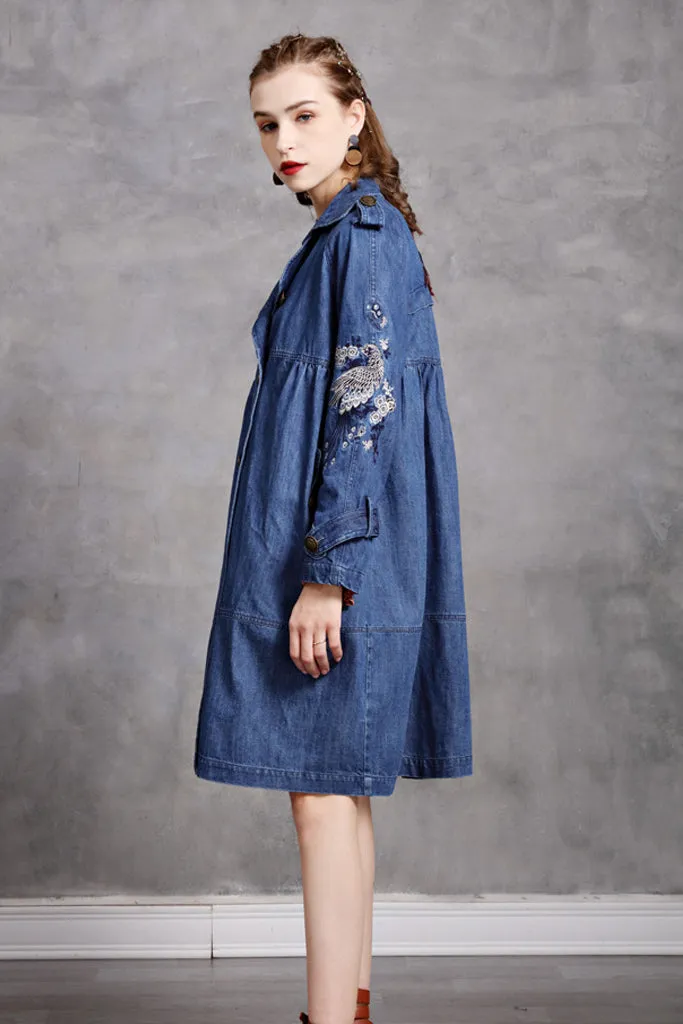 Double Breasted Emroidered Denim Coat