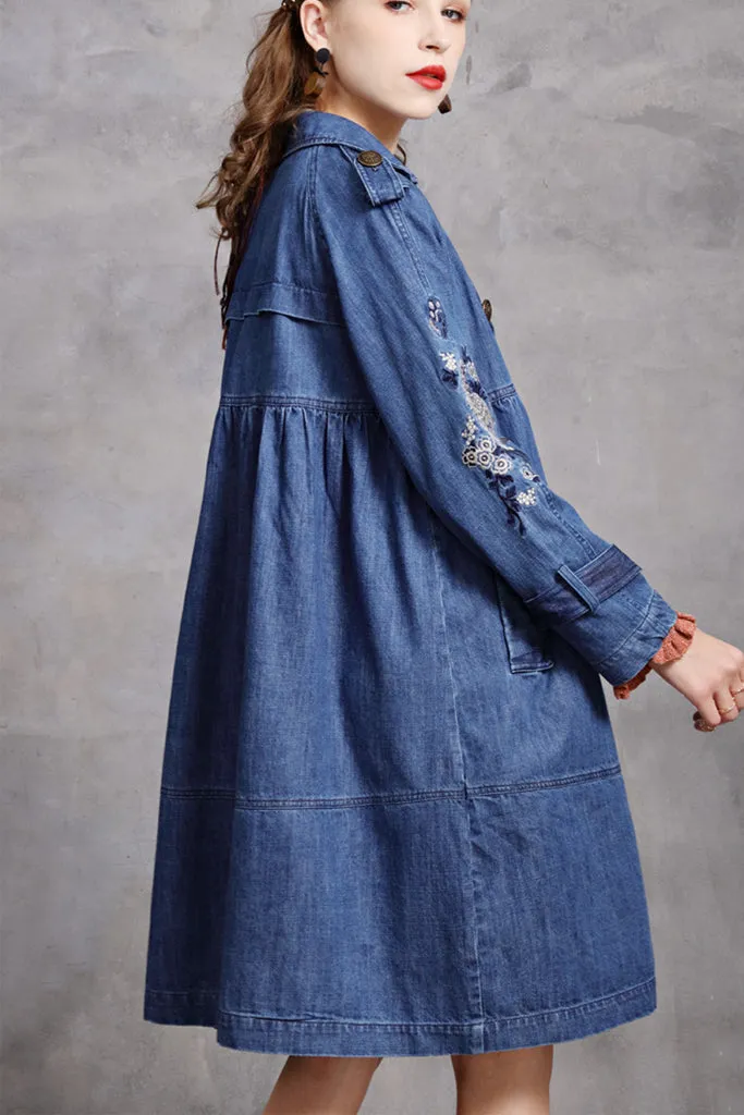 Double Breasted Emroidered Denim Coat