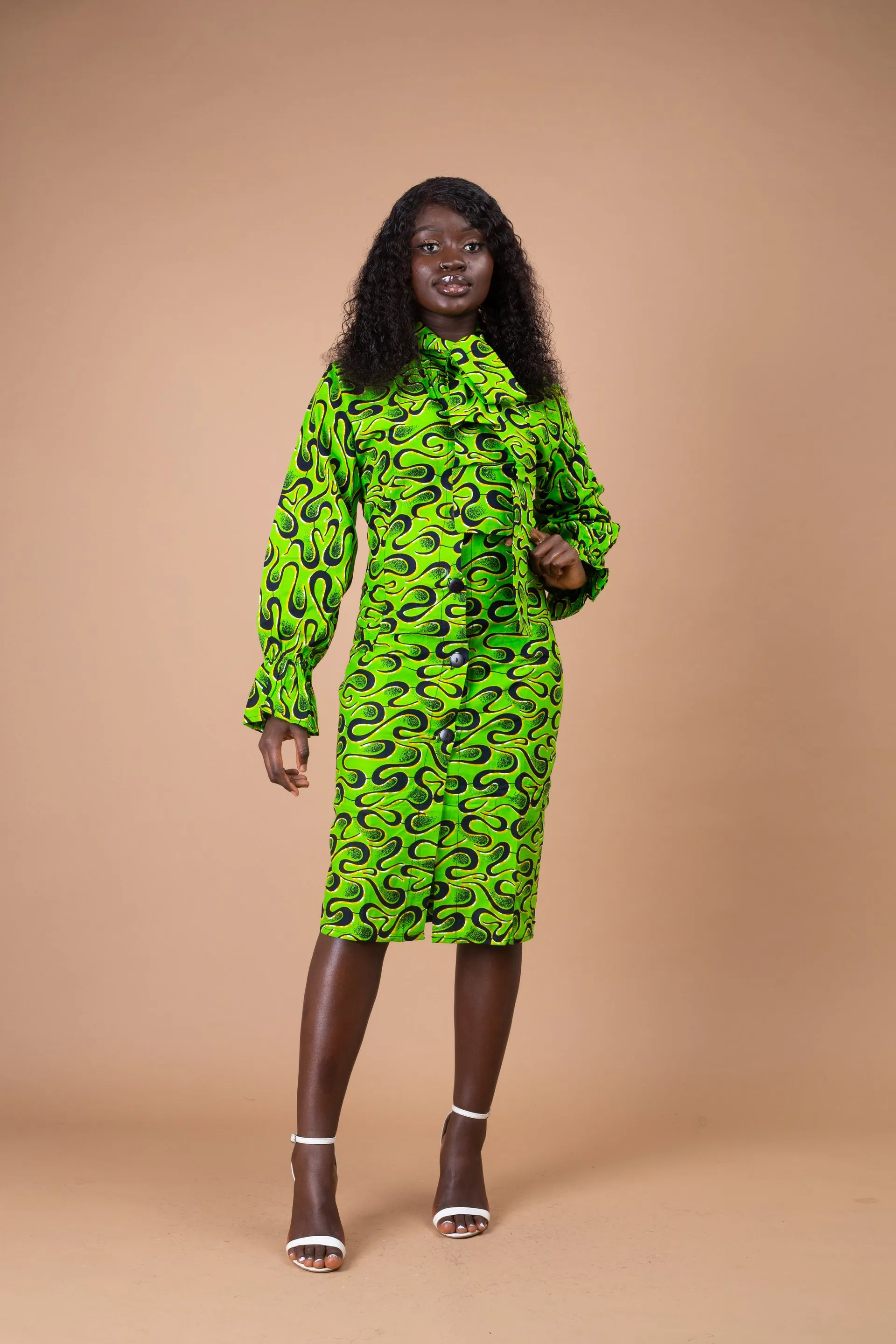 Effiong Ankara Button Down Shirt Dress | Green African Print