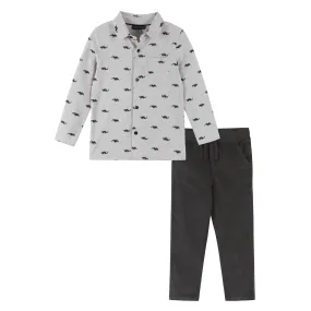 Holiday Stegosaurus Pattern Button Down Shirt & Pant Set