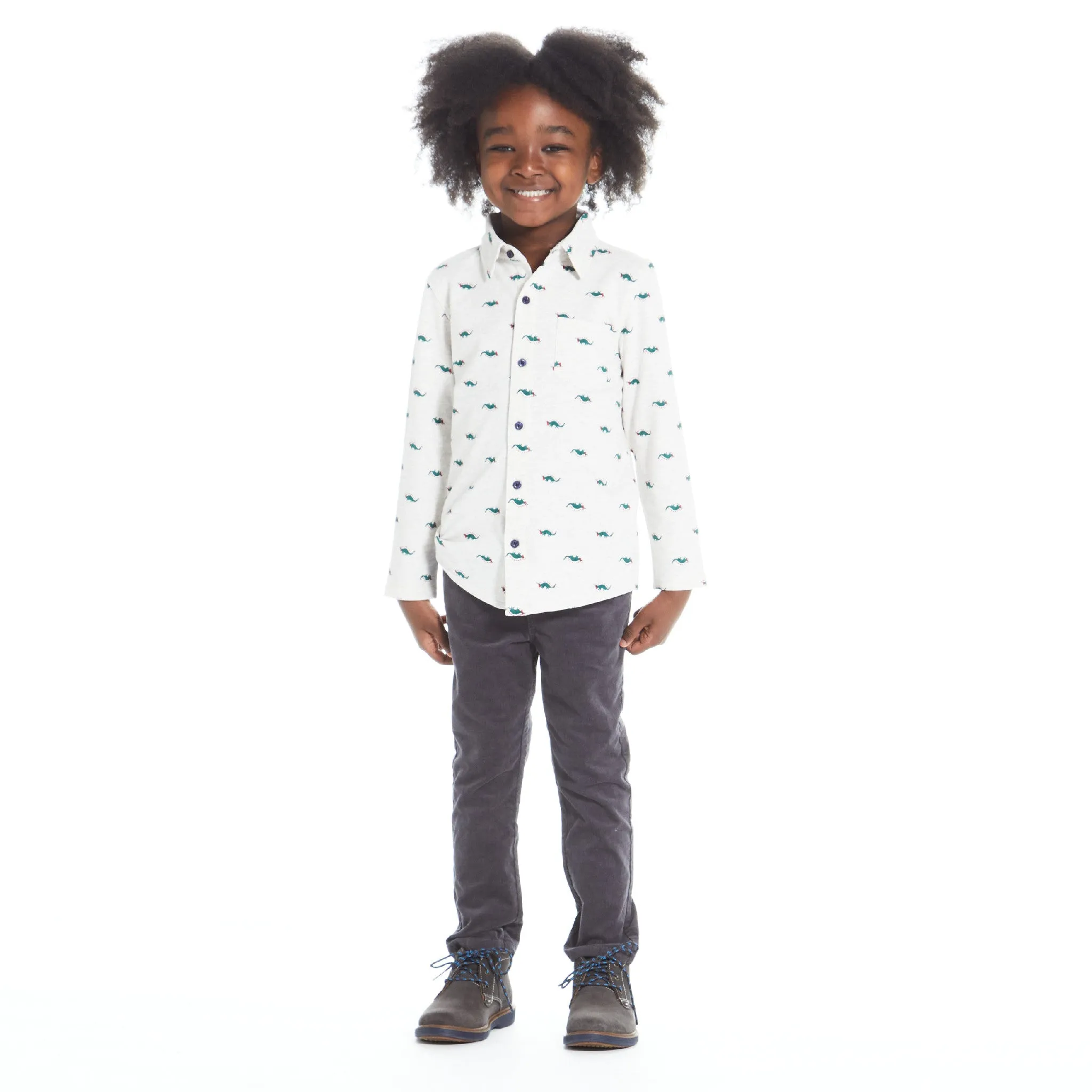 Holiday Stegosaurus Pattern Button Down Shirt & Pant Set