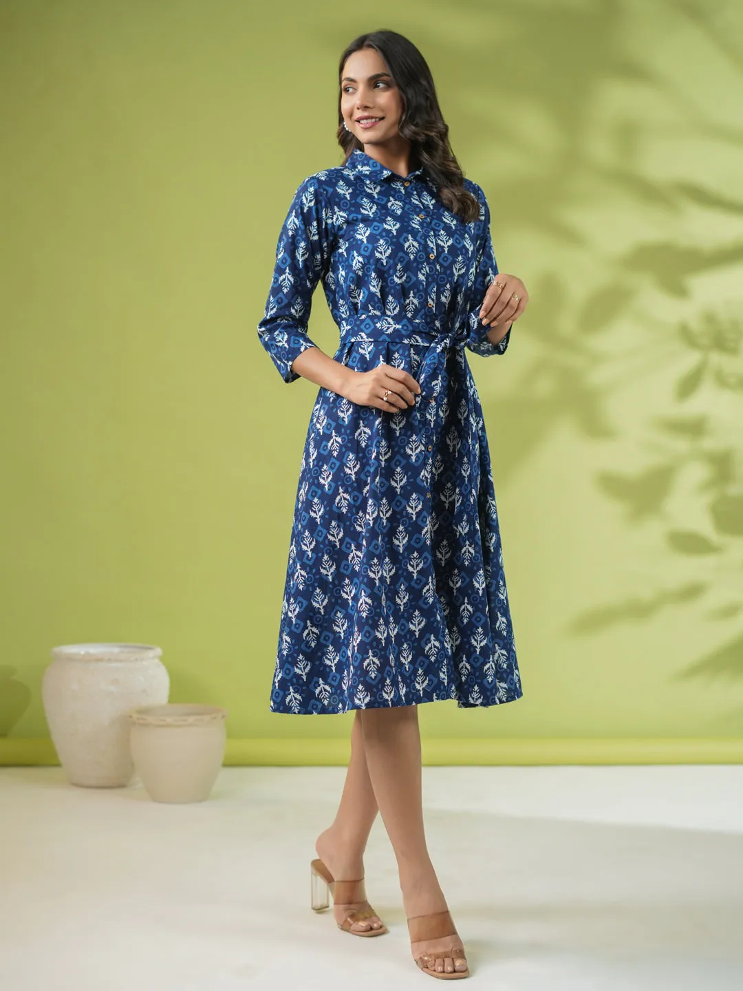 Indigo Cotton Ethnic Motifs Button Down Shirt Style Dress