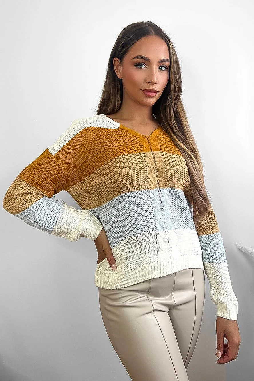 Laced Up Back V-Neck Stripy Pullover