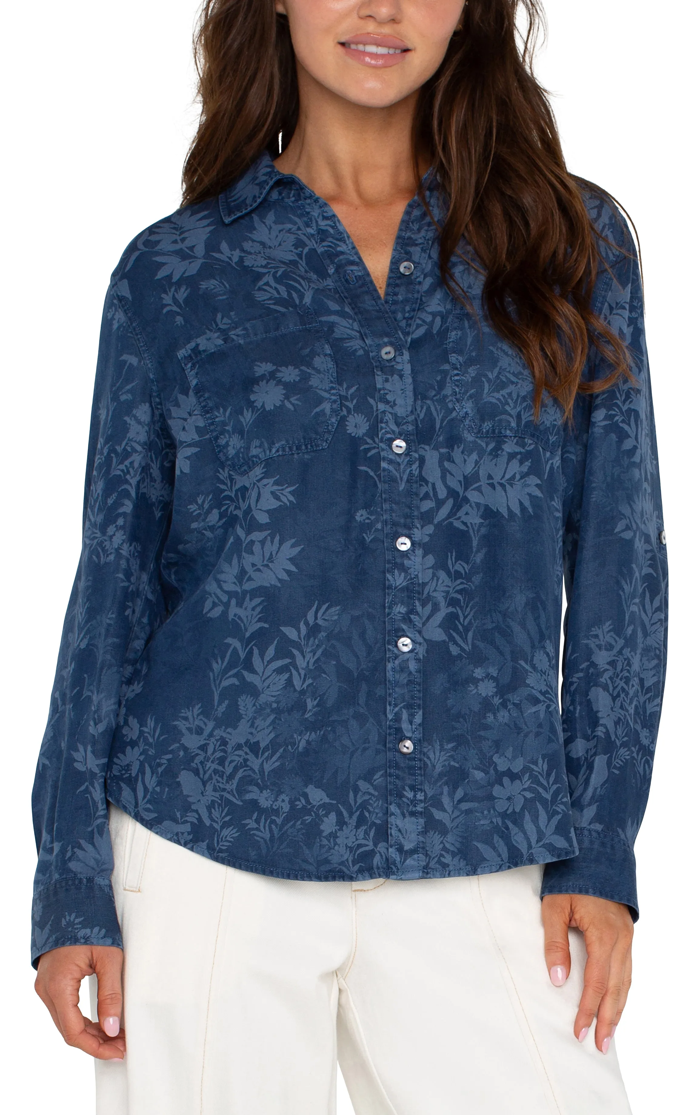 PETITE ROLLED SLEEVE BUTTON DOWN SHIRT