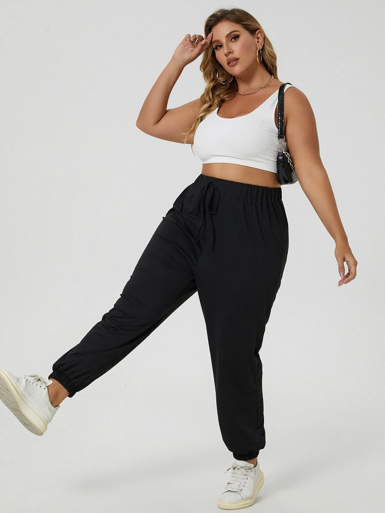 Plus Solid Knot Front High Waist Sweatpants