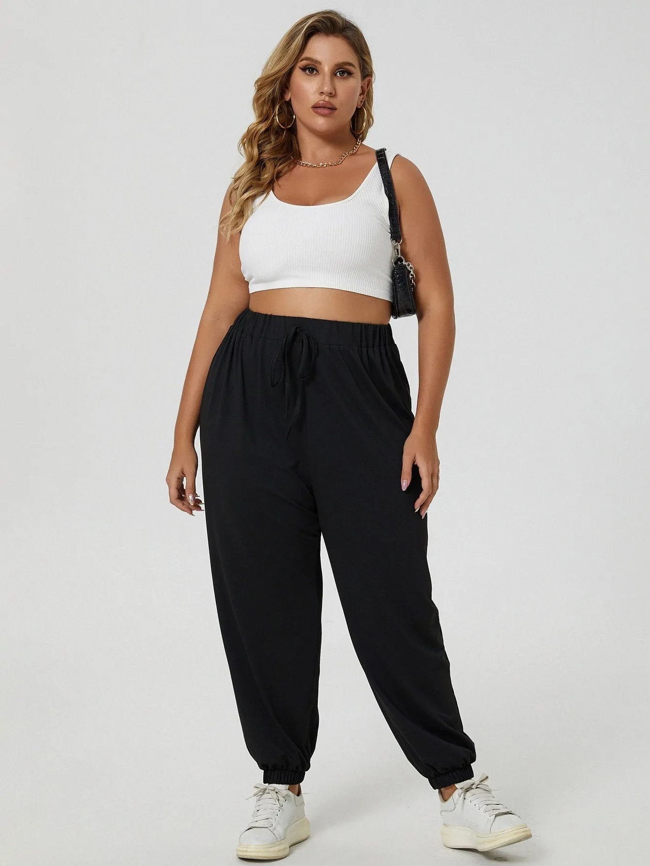 Plus Solid Knot Front High Waist Sweatpants