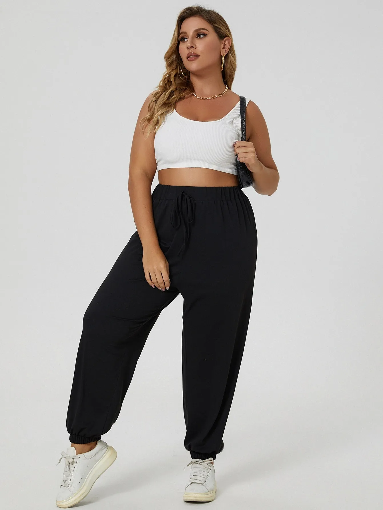 Plus Solid Knot Front High Waist Sweatpants