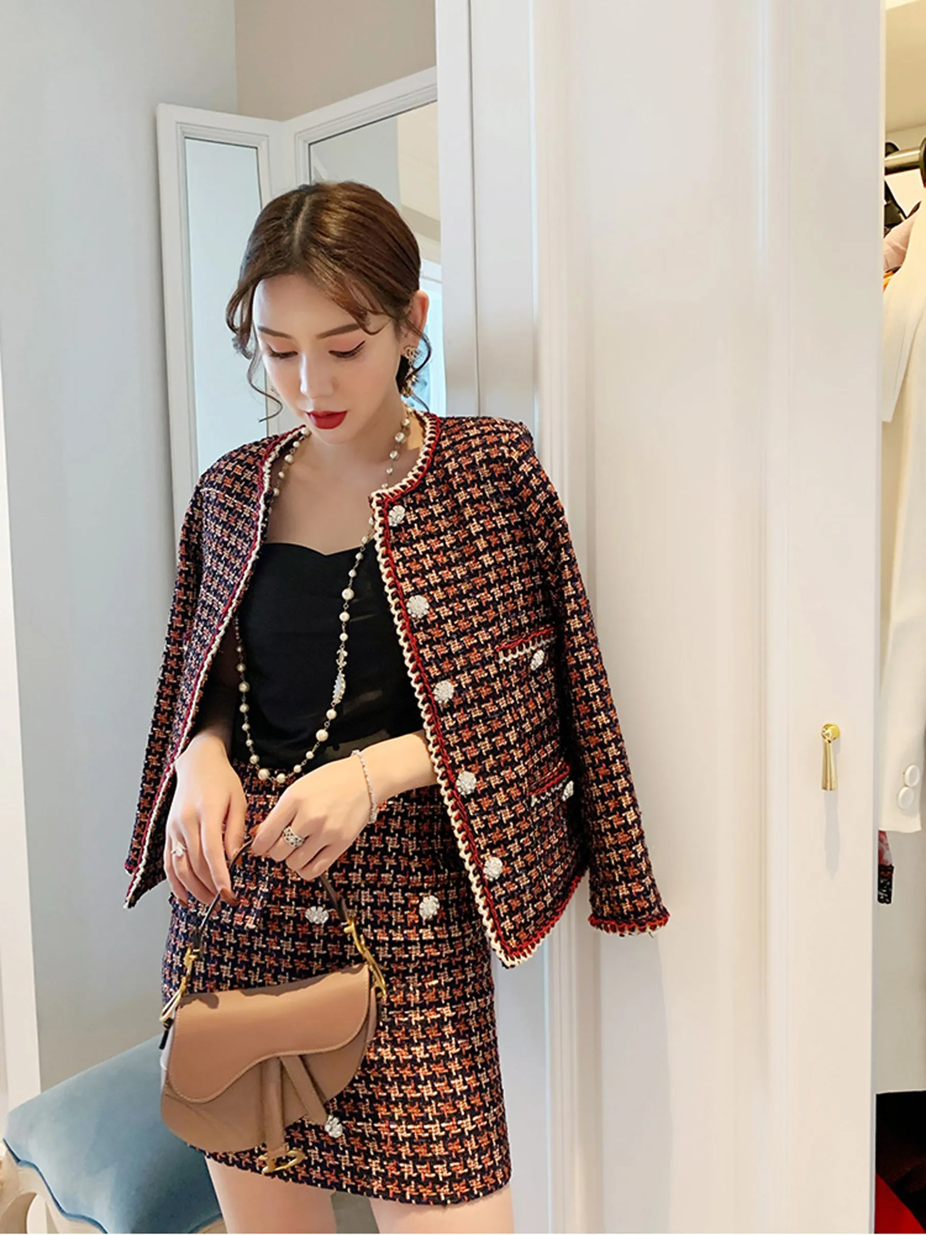 SCANDINAVIA-Long Sleeve Coat and Sort Skirt Two-piece Tweed Set