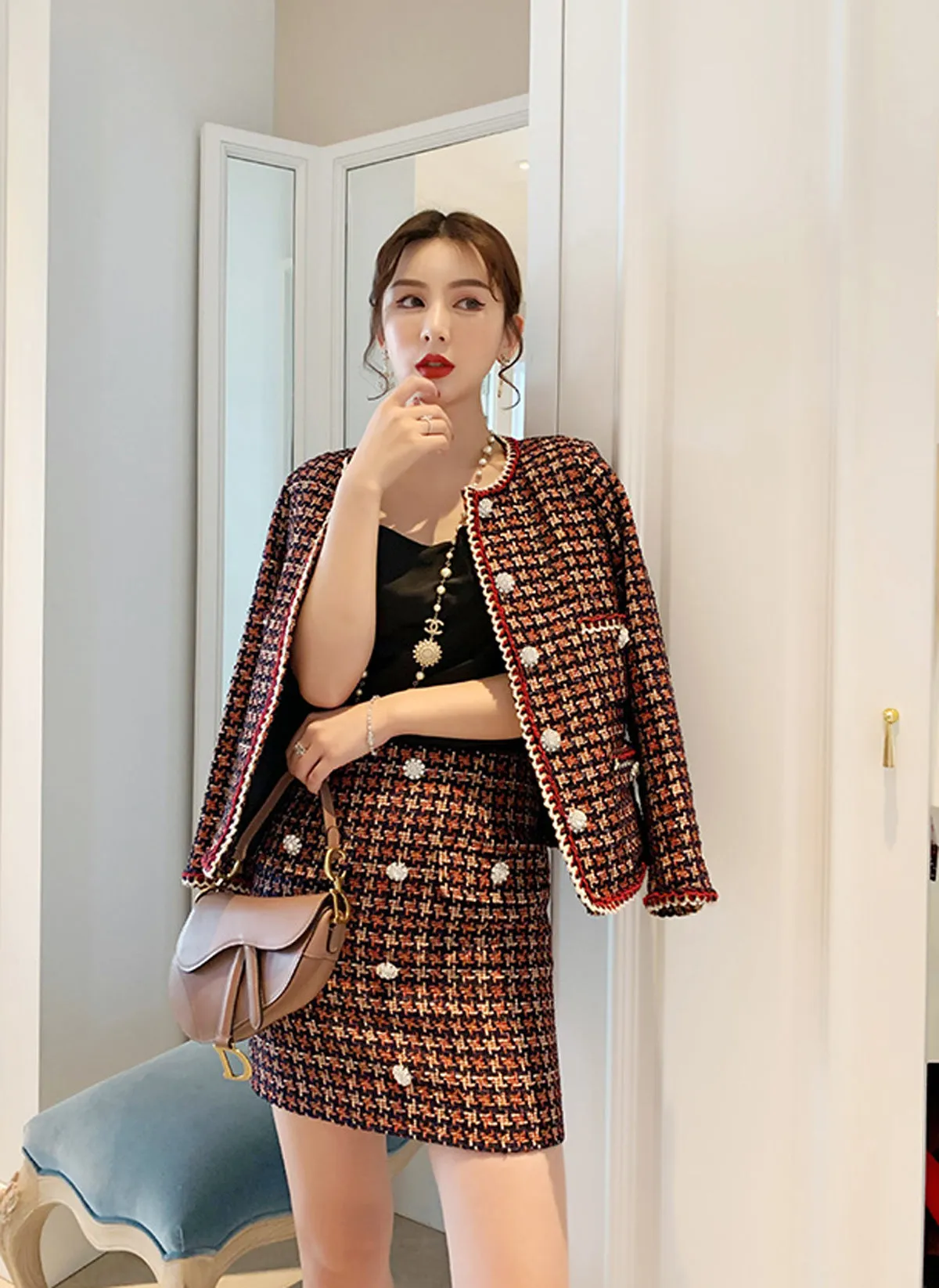 SCANDINAVIA-Long Sleeve Coat and Sort Skirt Two-piece Tweed Set