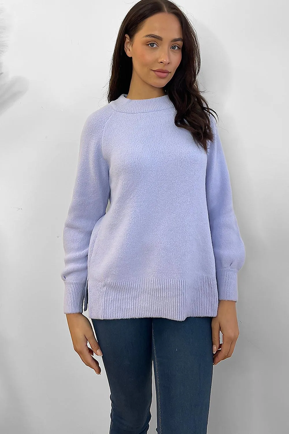 Sky Blue Round Neckline Side Splits Pullover