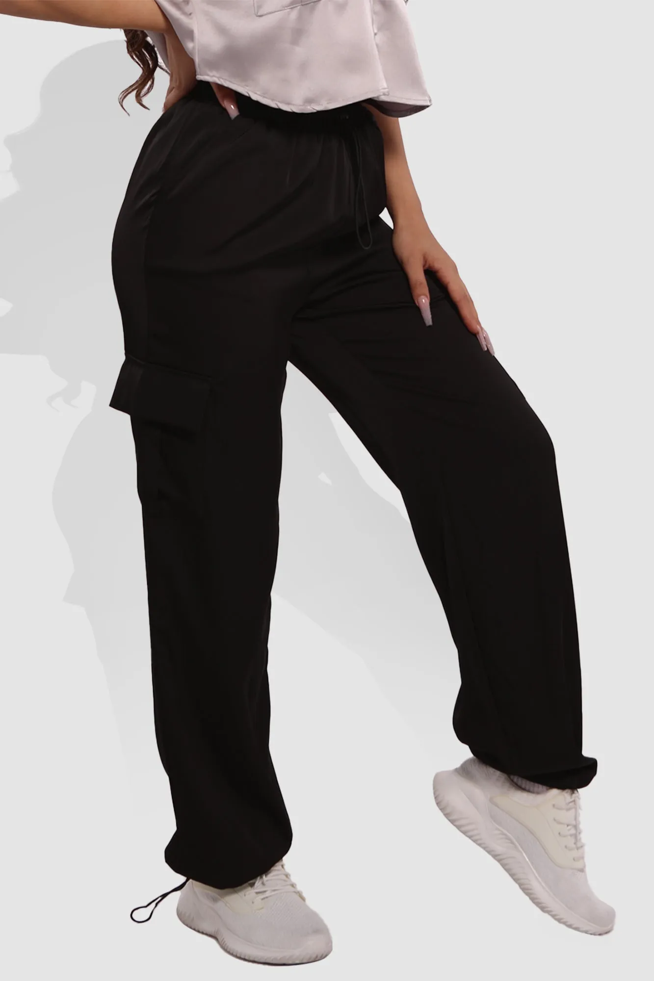 Soft Satin Bungee Cargo Sweatpants - Black