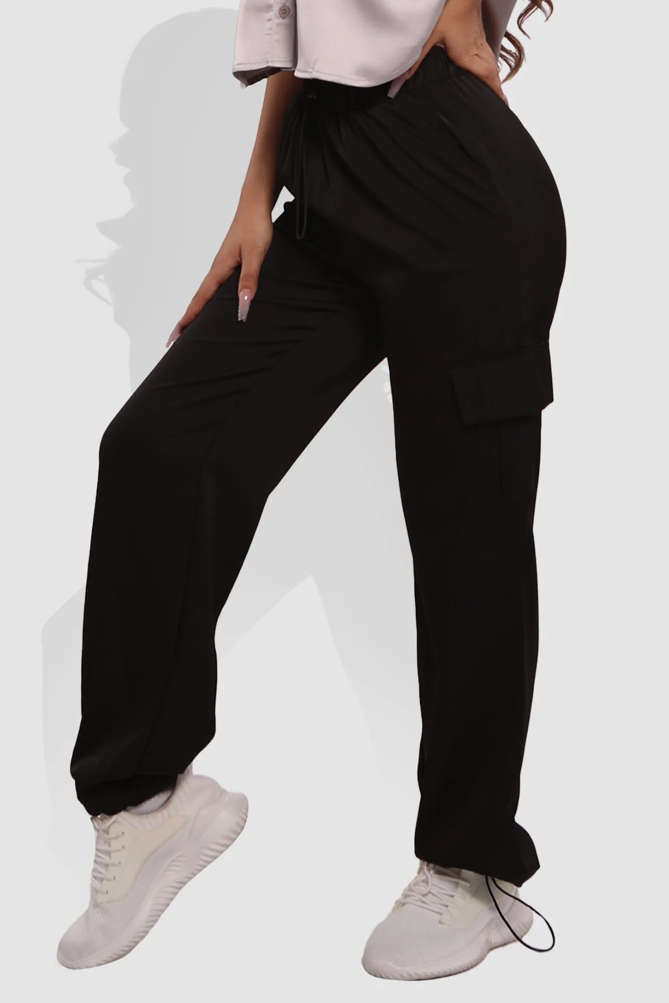 Soft Satin Bungee Cargo Sweatpants - Black