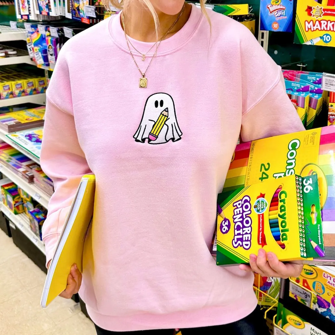 'Teacher Ghost' Embroidered Crewneck Sweatshirt